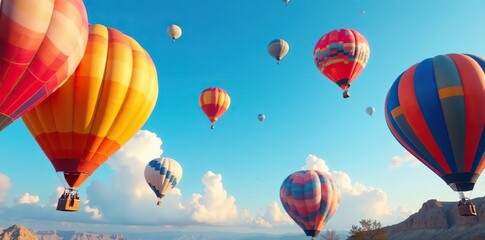 Obraz premium Brightly colored hot air balloons fill the clear blue sky with their shapes, shapes, sail