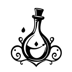A sleek black and white illustration of a potion bottle.