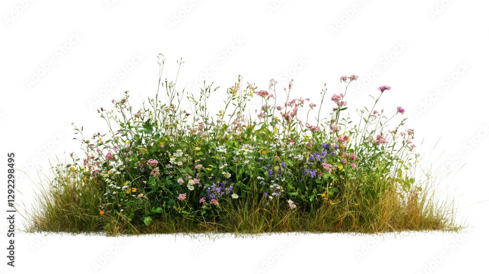 Poster cutout image of grass and colorful flowers isolated on transparent background, ideal for photo editi