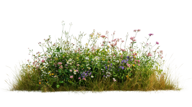 Cutout image of grass and colorful flowers isolated on transparent background, ideal for photo editing and graphic design