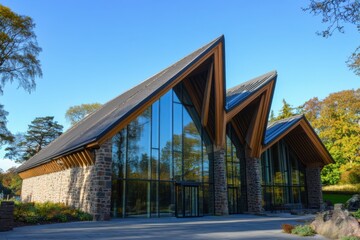 Obraz premium The contemporary architectural design is beautifully displayed in an impressive structure, gracefully nestled amidst the lush greenery on a bright, sunny day