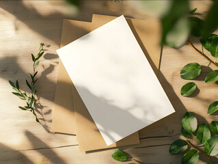 5x7 invitation mockup angle flat lay soft shadows wooden accents natural lighting green high resolution photography