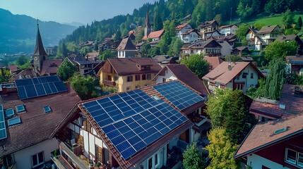 Aerial View of European Village with Solar Panels on Roofs