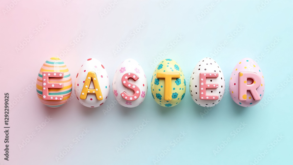 Poster colorful eggs display the word easter with various playful patterns. they are arranged on a soft gra