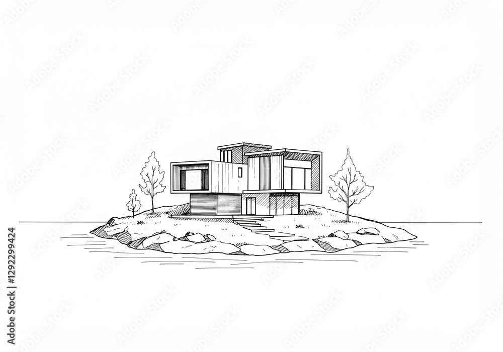 Poster modern house architecture design on island. modern architecture house on small island with trees and