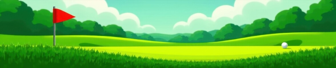 Obraz premium Stylized golf scene Green, red flag, white golf ball within frame Vector graphic , frame, art