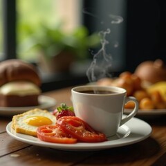 Steam rising from black coffee, diverse breakfast buffet spread, dark coffee, pastries