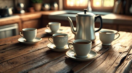Warm Morning Tea Time with Vintage Cups and Pot on Rustic Wooden Table