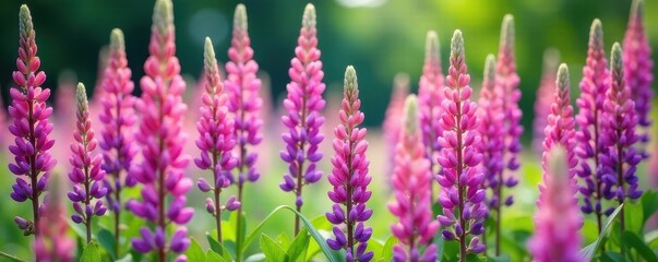 Obraz premium Towering stalks of purple and pink lupines, showing full bloom detail , flower power, summer, pastel