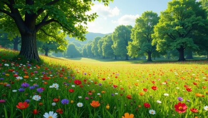 Obraz premium Wildflower meadow, abundant trees, soft light, natural, vibrant, serene