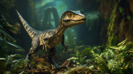 Obraz premium Cute baby velociraptor in jungle at night. Dinosaur character in prehistoric forest. Vector cartoon illustration of dark rainforest landscape with funny dino, tropical plants and trees