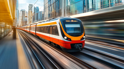 Modern train on night cityscape background, suburban electric railroad transport, contemporary high speed locomotive, city railway commuter transportation vehicle side view Cartoon vector illustration