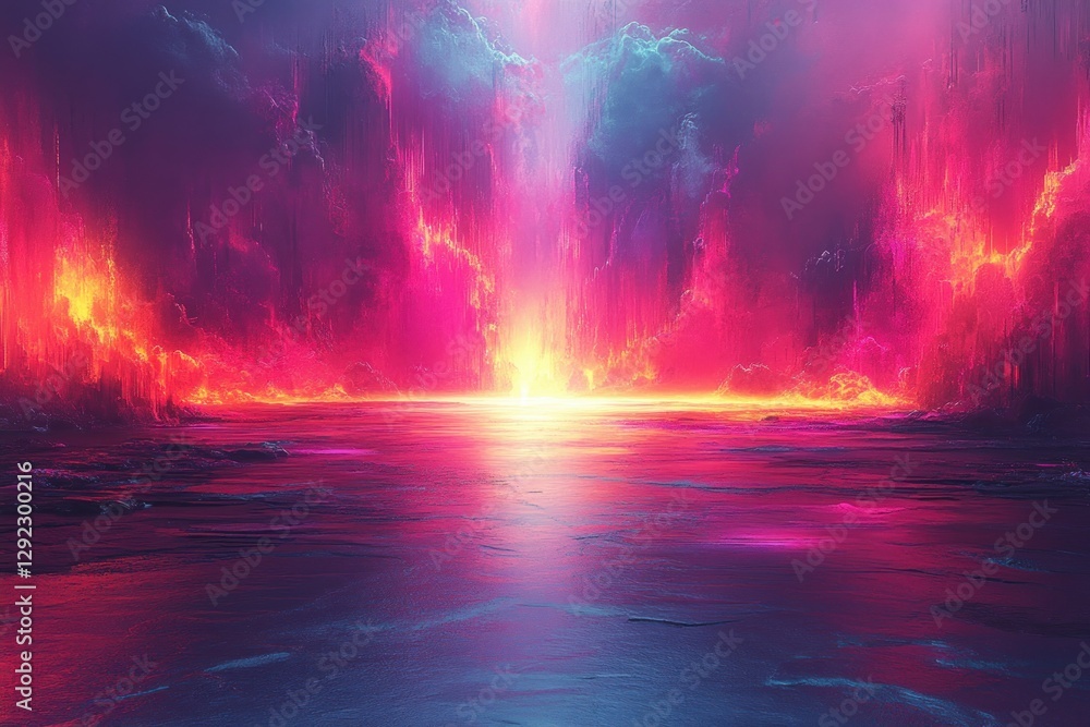 Poster glitch art abstract background with distorted shapes and neon colors