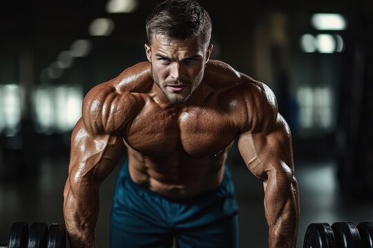 Powerful Male Figure Performing Push Up in Gym Strong Male Athletic Body Fitness