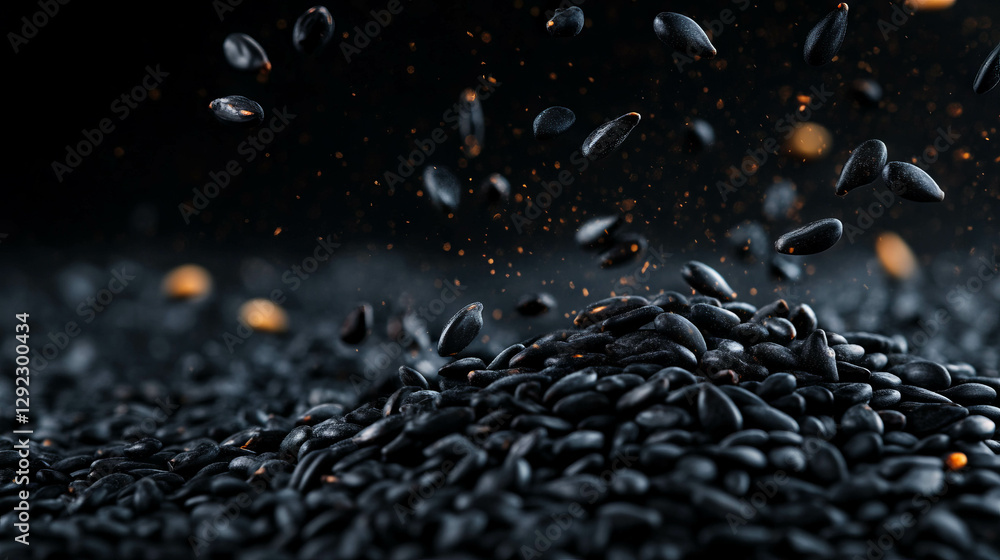 Poster dynamic motion of falling black sesame seeds for culinary design and background concepts