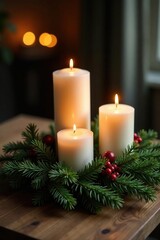 Candles and evergreen branches on a wooden table, evergreen, candles