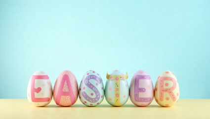 Brightly decorated eggs are arranged to spell out Easter in a joyful display. The soft blue background complements the pastel colors of the eggs, creating a festive atmosphere