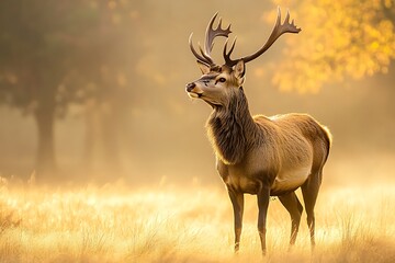 Obraz premium Red deer standing majestically in a misty morning meadow, bathed in golden sunlight