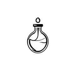 Minimalist lab flask illustration. Potion vial with a drop above a black and white circle.