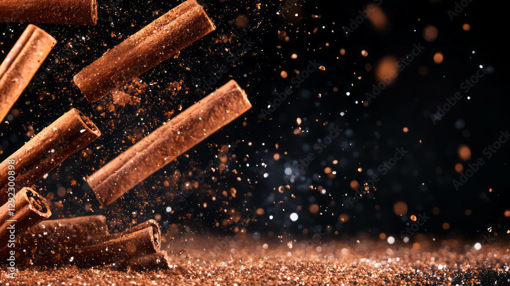 Poster dynamic scene of falling cinnamon sticks with textured background