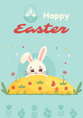 Adorable white bunny peeking over grassy hill with flowers, butterflies, and Happy Easter text on pastel background. Perfect for festive greeting cards and holiday decorations. Vector art.