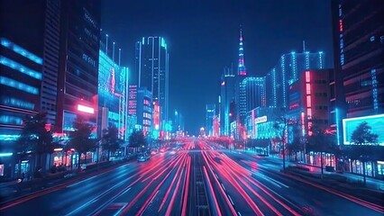 Fototapeta premium high-tech cyber city at night, filled with neon-lit skyscrapers, glowing holographic billboards, and vibrant lights