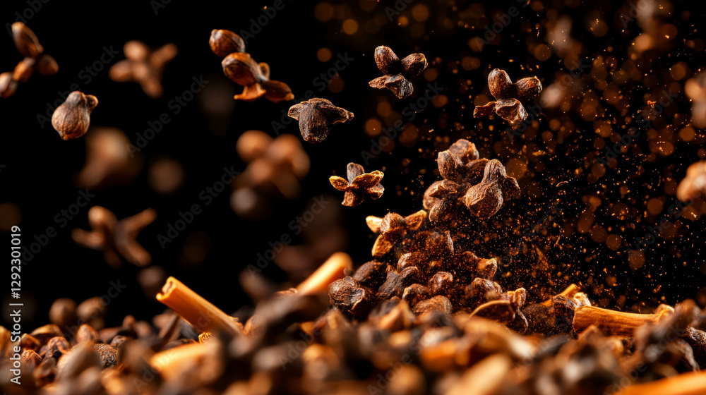 Poster dynamic scene of falling cloves on dark background for aromatherapy and culinary themes
