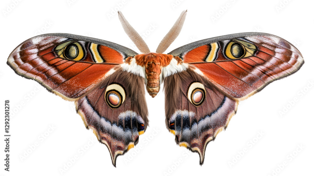 Poster colorful giant atlas moth with open wings isolated on transparent background, perfect for creative p