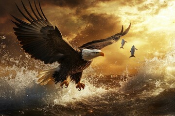 Fototapeta premium Majestic Eagle Soaring, Catching Fish