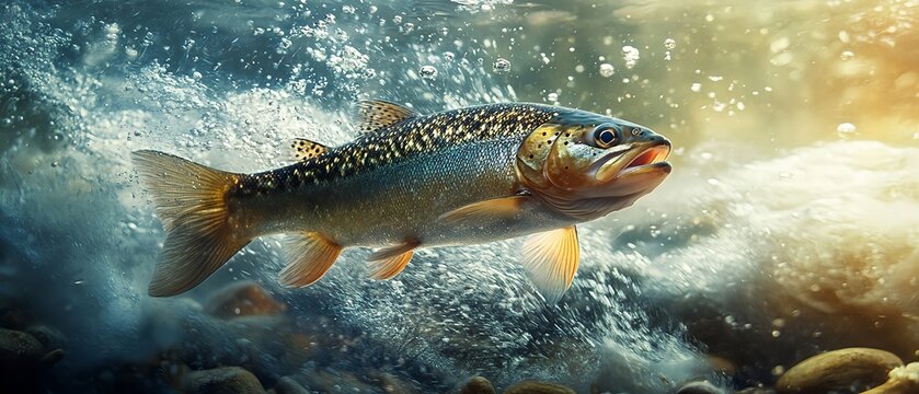 Underwater photography of a sesame-spotted freshwater fish swimming against the current of a valley with strong currents of pebbles and rocks.
