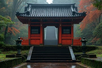 Naklejka premium At dawn with morning dew in the mountains, an emotional view of the entrance to a large temple built with an ancient Oriental tiled roof and many stairs leading to it.