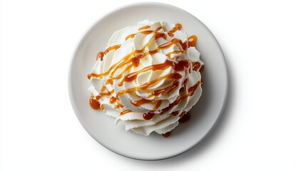 Creamy Whipped Topping with Caramel Sauce on White Plate