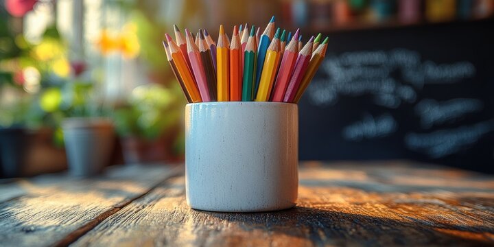 Colorful Pencils in Minimalist White Cup on Wooden Table with Blackboard Background Education Concept
