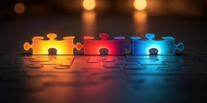 Business teamwork concept with colorful jigsaw puzzle pieces representing strategy, collaboration, and innovation in corporate environment