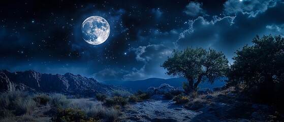 Naklejka premium Natural landscape with a bright full moon on a dark night, mountain fields, large trees and clouds visible in bright moonlight