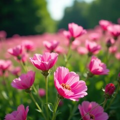 Obraz premium A bed of pink mallow flowers swaying in the wind, mallow flowers, blooming flowers