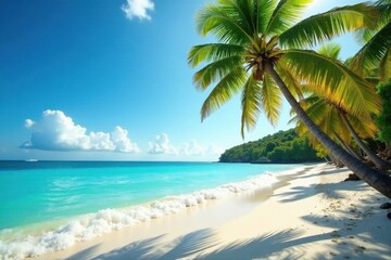 Sun-drenched palm trees sway above turquoise waves on a pristine beach , tropical beach, paradise