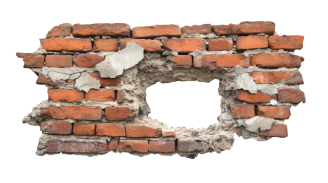 Old crumbling brick wall with large hole revealing transparent background, isolated on alpha channel