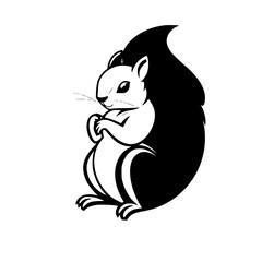 Monochrome squirrel illustration depicting a smiling, seated squirrel with a large, black tail.