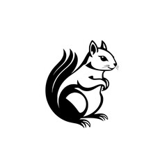 Black-and-white illustration of a squirrel, featuring a stylized sitting pose, facing right, and a dynamic tail and full body outline on white background.
