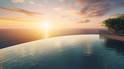 Fototapeta premium A luxurious infinity pool that overlooks the ocean, tropical sunsets, and warm ambient lighting.