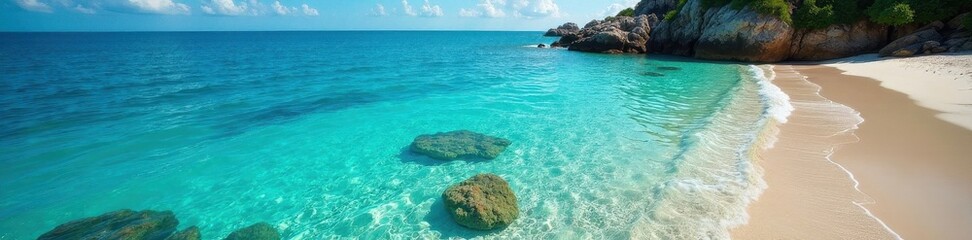 Fototapeta premium Crystal clear water reveals vibrant coral, pristine beach stretches , relaxing, tropical beach, coast