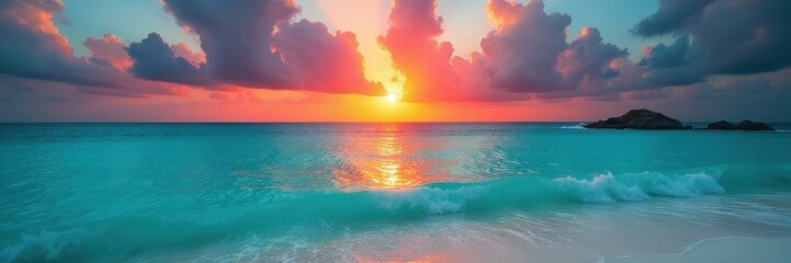 Crimson sun dips below turquoise Caribbean, tranquil beach scene, water, sand, coast