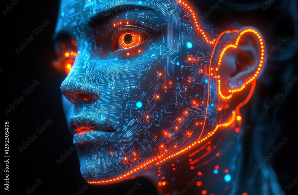 Poster futuristic robotic heads with neon circuit patterns symmetrical arrangement