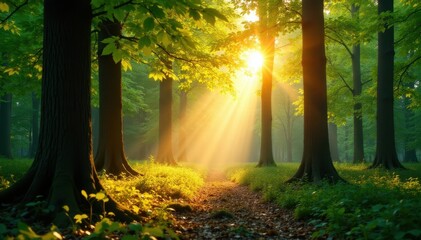 Fototapeta premium Golden sunlight streams through a canopy of leaves, illuminating dappled forest floor, woodland, background