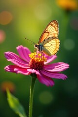 Fototapeta premium Delicate butterfly perched on vibrant wildflower, sunlight dappled petals , fauna, nature, field