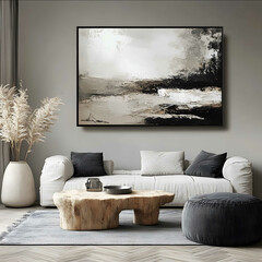 Large decorative painting with horizontal black frame in a realistic neutral room