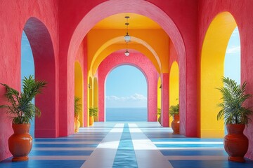 Vibrant Minimalist Interior Scene with Archways in Pink and Yellow and Blue Striped Floor