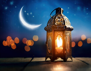 A beautifully ornate lantern glows warmly on a wooden surface under a starry night sky with a crescent moon, symbolizing the spirit of Ramadan Kareem and Happy Eid.