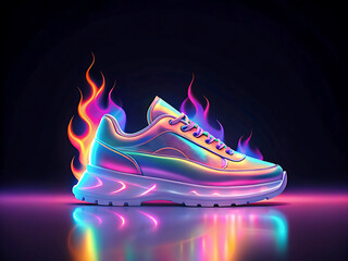 Fototapeta premium Fiery, iridescent sneakers set against a dark background. A vibrant, holographic sneaker with fiery flames surrounding it is featured against a dark backdrop.